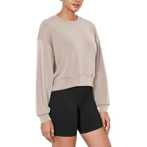 ODODOS Modal Soft Long Sleeve Cropped Sweatshirts for Women Oversized Crew Neck Pullover Crop Top (XS)