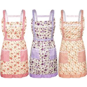 Syhood 3 Pieces Women Floral Aprons with Pockets Flower Kitchen Cooking Aprons with Adjustable Strap Waterproof Resistant Apron for Kitchen Cooking Baking Gardening Household Cleaning Supplies