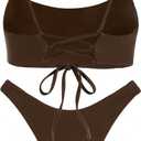 GORGLITTER Women's High Cut Cheeky Bikini Sets 2 Piece Lace Up Spaghetti Strap Swimsuits Beachwear 2025, L (Brown)