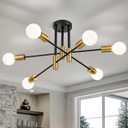 6-Light Modern Sputnik Chandeliers, Black Gold Semi Flush Mount Ceiling Light Fixture, Industrial Farmhouse Kitchen Lighting Fixtures Ceiling Mount for Living Room Bedroom