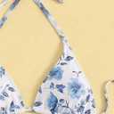SHENHE Women's 3 Piece Polka Dots Floral Bikini Set with Wrap Coverup Halter Triangle Swimsuits (Blue, XS)