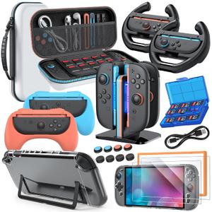 Switch 2 Accessories, Bundle Case for Nintendo Switch 2 (2025), MENEEA 20-IN-1 Kits: Carrying Case, Controller Charger Dock, Grips for Joy Con,Steering Wheels for Mario Kart,Protective Cover for Controller Console for Switch 2 (White)