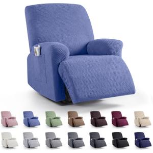 KinCam Recliner Covers, Stretch Reclining Chair Covers, Recliner Sofa Slipcovers Stripe Jacquard Recliner Couch Covers Furniture Protector Covers for Pet Kid (1 Seater, Lake Blue)