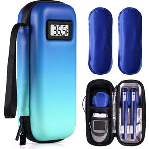 Insulin Cooler Travel Case with Temperature Display - Refrigerated Medicine Cooler Case for Travel with 2 TSA Approved Ice Pack, Medication Pen Diabetic Supplies Organizer for Trip and Daily (mix-blue-green)