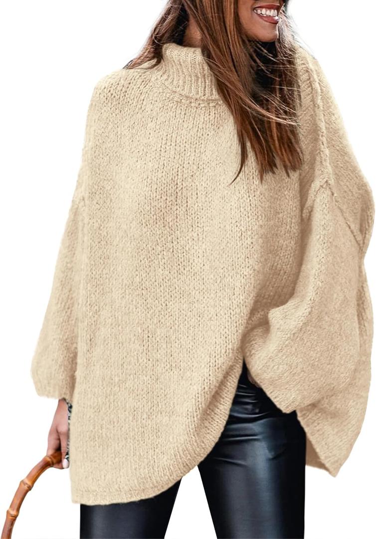 PRETTYGARDEN Women's Winter Turtleneck Oversized Sweaters Long Sleeve Chunky Knit Slouchy Pullover Sweater Tops (Beige)