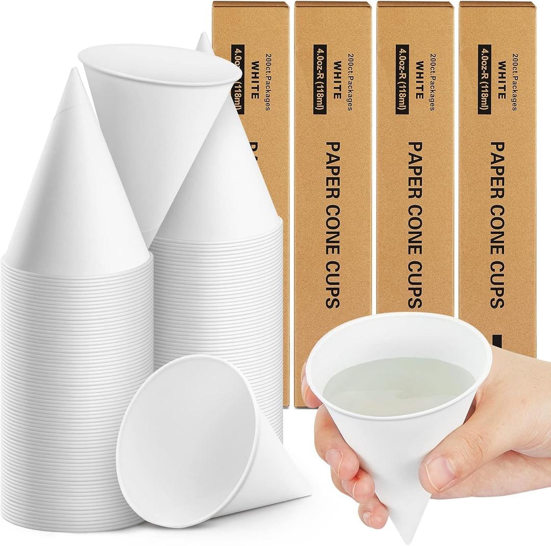 Roshtia 800 Pcs Paper Cone Cups Thicken Disposable Cone Cups for Shaved Ice, Slushies Water Cooler Dispenser, White (4 oz)