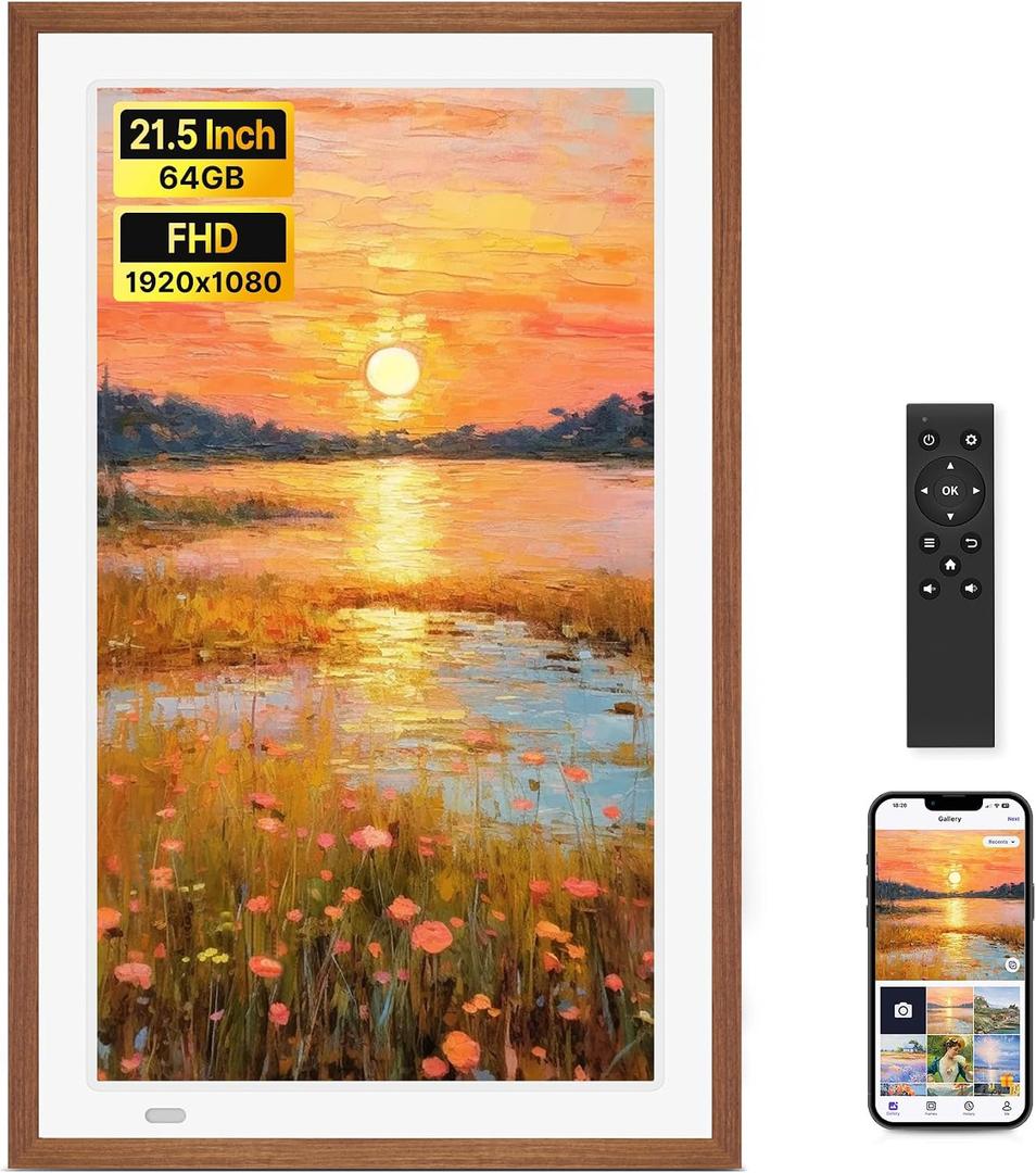Uhale 21.5" Large Digital Picture Frame WiFi Wood with Remote Control, 1920 x 1080 FHD IPS No Touch Screen Electronic Photo Frames Wall Mount with 64GB, Support SD USB, Share Photos Videos Instantly