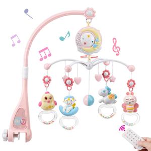 BOBXIN Baby Musical Crib Mobile for Bassinet with Projector and Night Light,150 Music,Timing Function,Take Along Mobile Musical Box and Rattle,Toy for Newborn Girls Boys (pink)