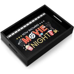 Teenyyou Movie Night Snack Trays with Handles, Reusable Wooden Popcorn Basket Bowl Box, Portable Snack Serving Container for Family Room, Home Theater, Party Use(Black,Movie Night)