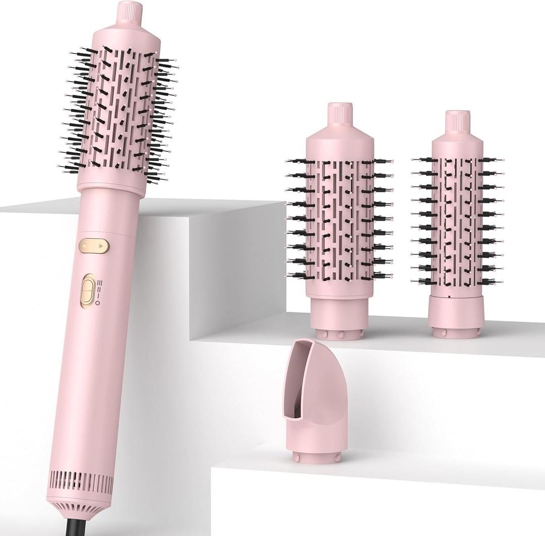 3 in 1 Rotating Hair Dryer Brush,Negative Ionic Professional Brush Blow Dryer with Detachable Brush(2" & 1.5"),3 Heats and 2 Speeds Rotating Hot Air Brush for Curling,Straight,Drying (Pink)