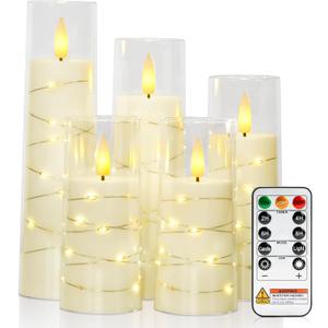 Raycare Flameless Candle with Remote Timer  5 Flickering Acrylic Battery Operated LED Pillar Candles with Embedded Star String for Halloween, Home Decor, and as a Gift(Ivory)