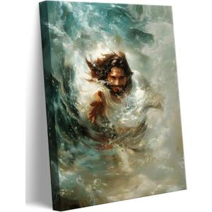 Danseed Hand Of God Reaching Lnto Water Canvas Wall Art Christianity Jesus Saves Wall Decor Pictures Blue Ocean Bible Posters Prints for Living Room Bedroom Church Prayer Room Decoration (16"L x 12"W)