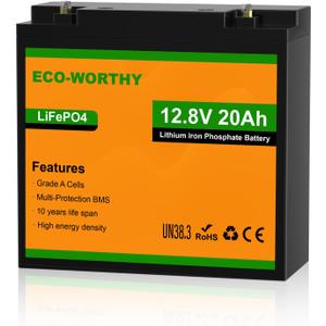 ECO-WORTHY 12V 20Ah LiFePO4 Lithium Battery, 4000+ Deep Cycle Rechargeable Battery with BMS for Trolling Motor, Fish Finder, Ham Radio, Solar System, Outdoor Camping