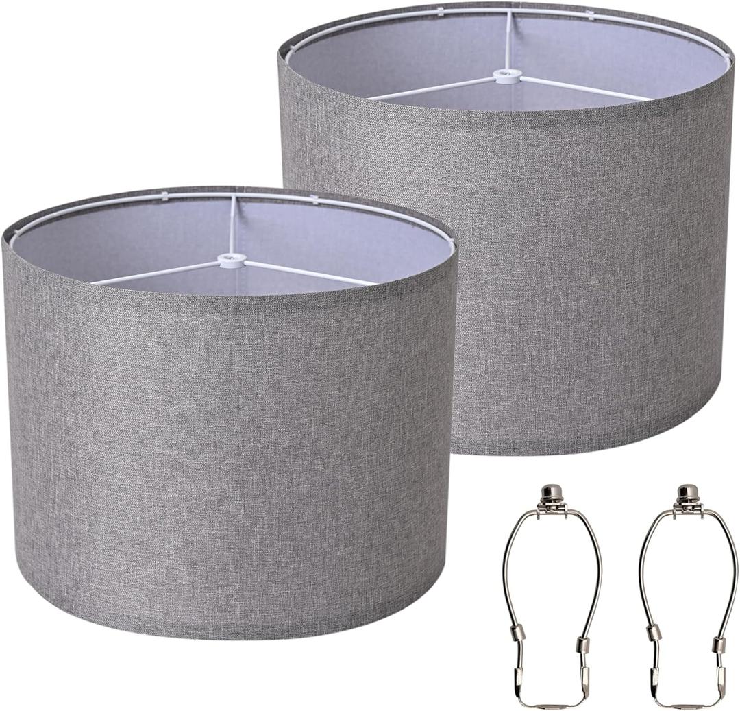 Set of 2 Grey Linen Blend Lamp Shades, Drum Table Lamp Shades Replacement, 13 Top x 13 Bottom x 9.8 High, Spider Fitter with Metal Harps Included, for Bedroom & Bedside (Assembly Required)