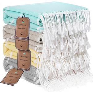 Genovega 4 Packs Turkish Beach Towels Vacation Essentials Quick Dry Sand Free Soft Absorbent Extra XL Large Big Blanket Adult Oversized Bath Pool Swim Towel Set Bulk Multipack Thin Sandless Fast (72 x 36 inch, 4 Pack Aqua Yellow Beige Dark Gray)