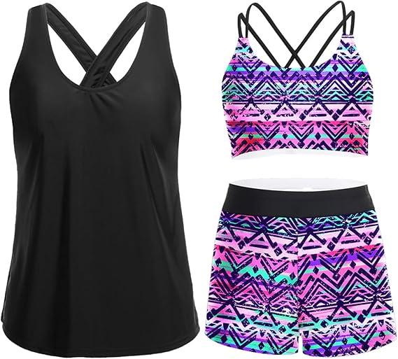 Holipick 3 Piece Tankini Swimsuits for Women Tummy Control Bathing Suits Swim Tank Top with Bra Boy Shorts Teen Swimwear 2026 Large Tribal 