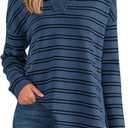 MASCOMODA Womens Sweaters Fall 2025 Oversized Striped Sweater Long Sleeve Polo V Neck Loose Side Slit Knitted Tunic Tops (Blue, XL)