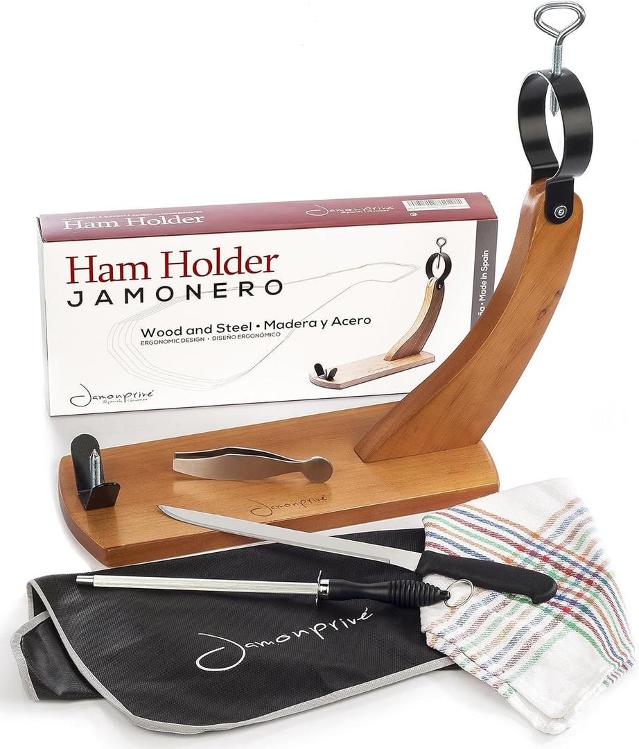 Ham Stand Spain with Knife and Sharpening Steel + Ham Cover + Kitchen Cloth + Tongs - Orginal Ham Holder for Spanish Hams and Italian Prosciutto