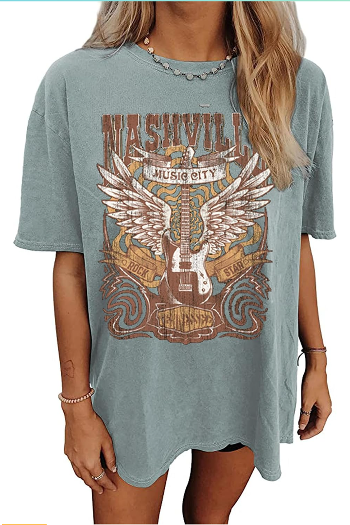 Oversized Rock Band T-Shirt Women Country Music Shirt Tops Nashville Music City Tshirt Vintage Guitar Wings Graphic Tees, Size M