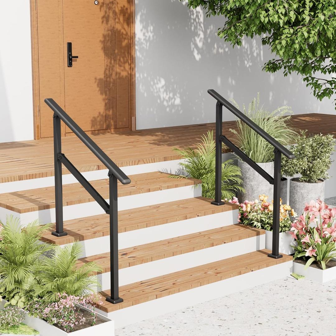2 Pack Hand Rails for Outdoor Steps,2-3 Step Railing for Stairs,Adjustable Porch Railing,Hand Rails for Seniors,Outdoor Deck Handrails for Exterior Steps,Black