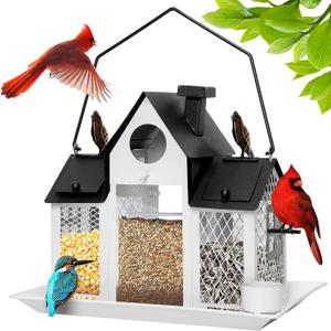 Solar Bird Feeders House for Outdoors Hanging, 7LBS Large Capacity Metal Wild Bird Feeder Squirrel Proof for Outside with Water Cup, Cardinal Birdfeeder Birdhouses Gift for Bird Lovers (White)