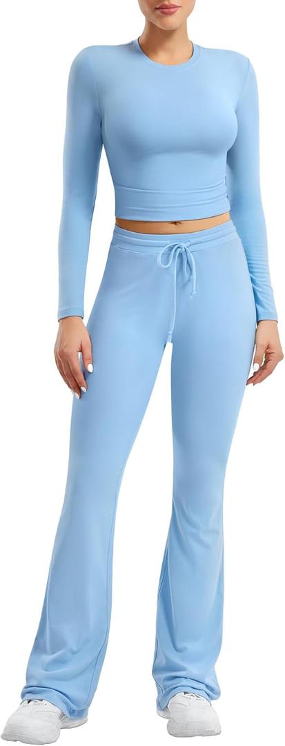 YEOREO Two Piece Sets for Women Long Sleeve Tops Lounge Set Drawstring Wide Leg Pants Ava Matching (X-Large, Light Blue)