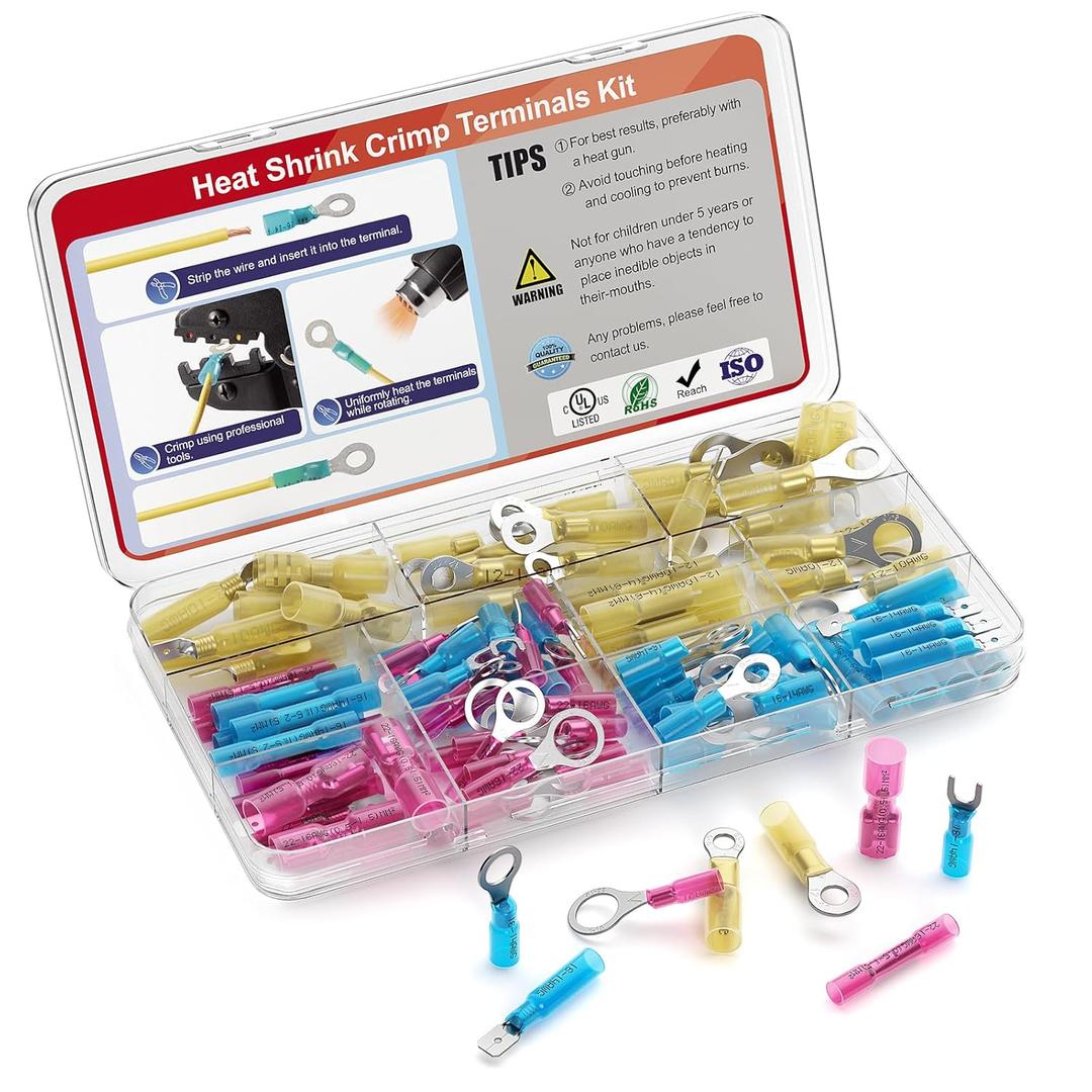AIRIC Heat Shrink Wire Connectors Kit, 22-10 AWG Waterproof Crimp Terminals, Marine Electrical Connector, Insulated Cable Ends, Wiring Terminal End for 22-10 Gauge, Ring Fork Spade Butt Splice 120 PCS