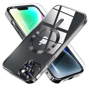 Misea Magnetic for iPhone 14 Plus Case Compatible with MagSafe [Never Yellowing] [Military Grade Drop Protection] Full Camera Lens Protector Plating Soft Clear Phone Case for Women Girls, Black