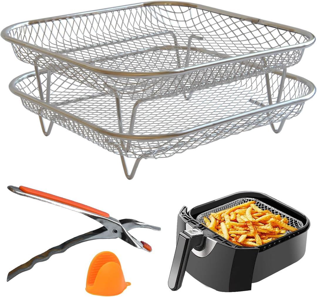 Dual-Layer Air Fryer Rack Set with Elevated and Regular Support Legs. 304 Stainless Steel Mesh Baskets, Square Air Fryer Accessories for Cosori, Instant Vortex, Chefman, Ninja Foodi Grill.
