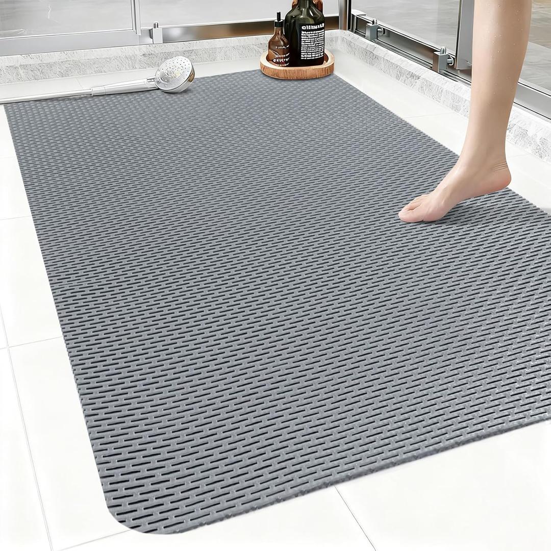 Non Slip Shower Mat: 35"x24" Extra Large Shower Mats for Inside Shower, Trimmable PVC Anti Slip Shower Stall Mats, No Odor, Quick Drying Shower Mats for Floor, Bathroom, Home, Kitchen, Hotel (Grey)