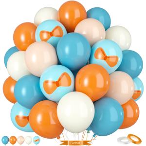 Orange And Blue Balloons, 50PC 12 Inch Dusty Blue Ivory White Macaron Orange Bow Print Balloons for Birthday Baby Shower Wedding Party Decorations
