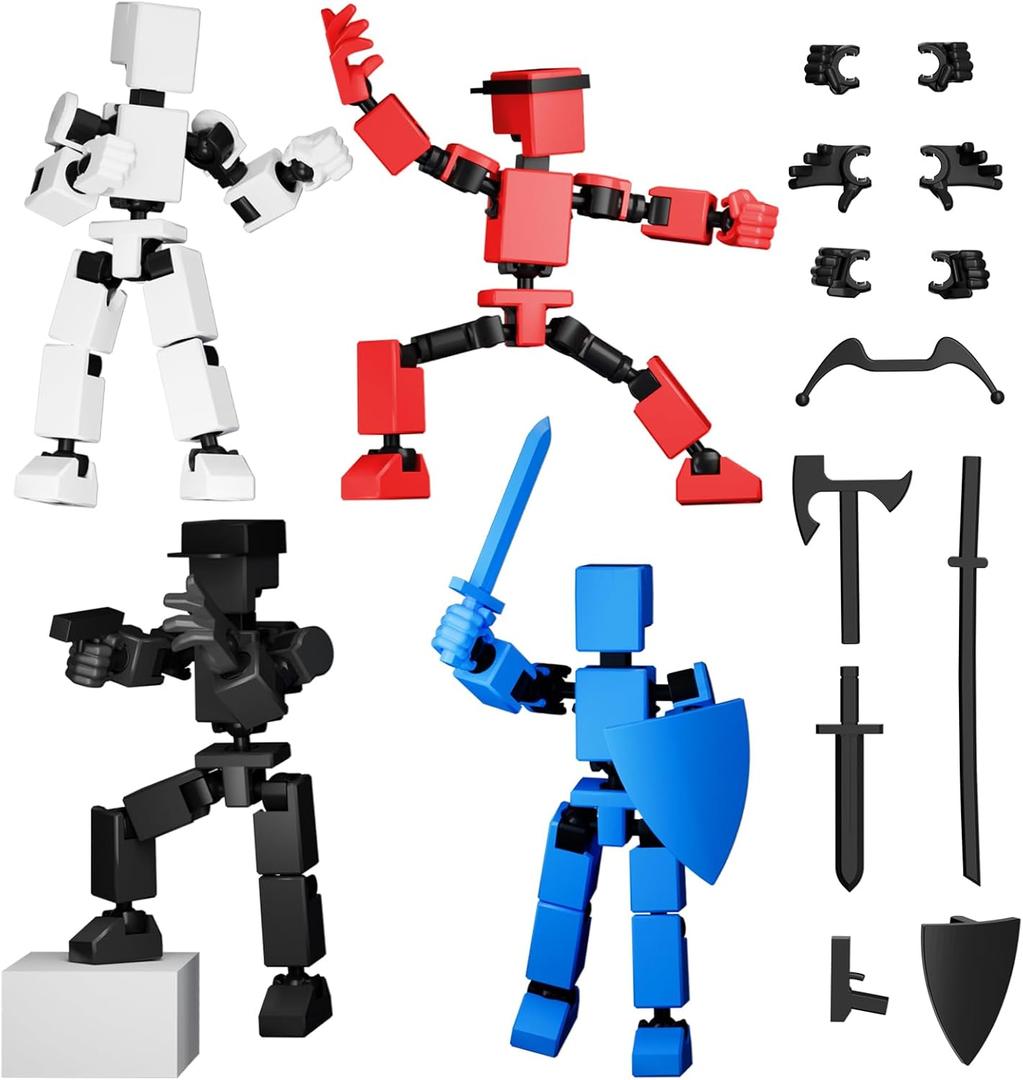 4PCS Mini Titan T-13 Action Figures Set, Assembly Completed Luck Dummy Robot 13 Action Figure Toys for Boys Stick Figures with Multi Joints Movable Fidget Gifts for Kids(Black+White+Blue+Red)