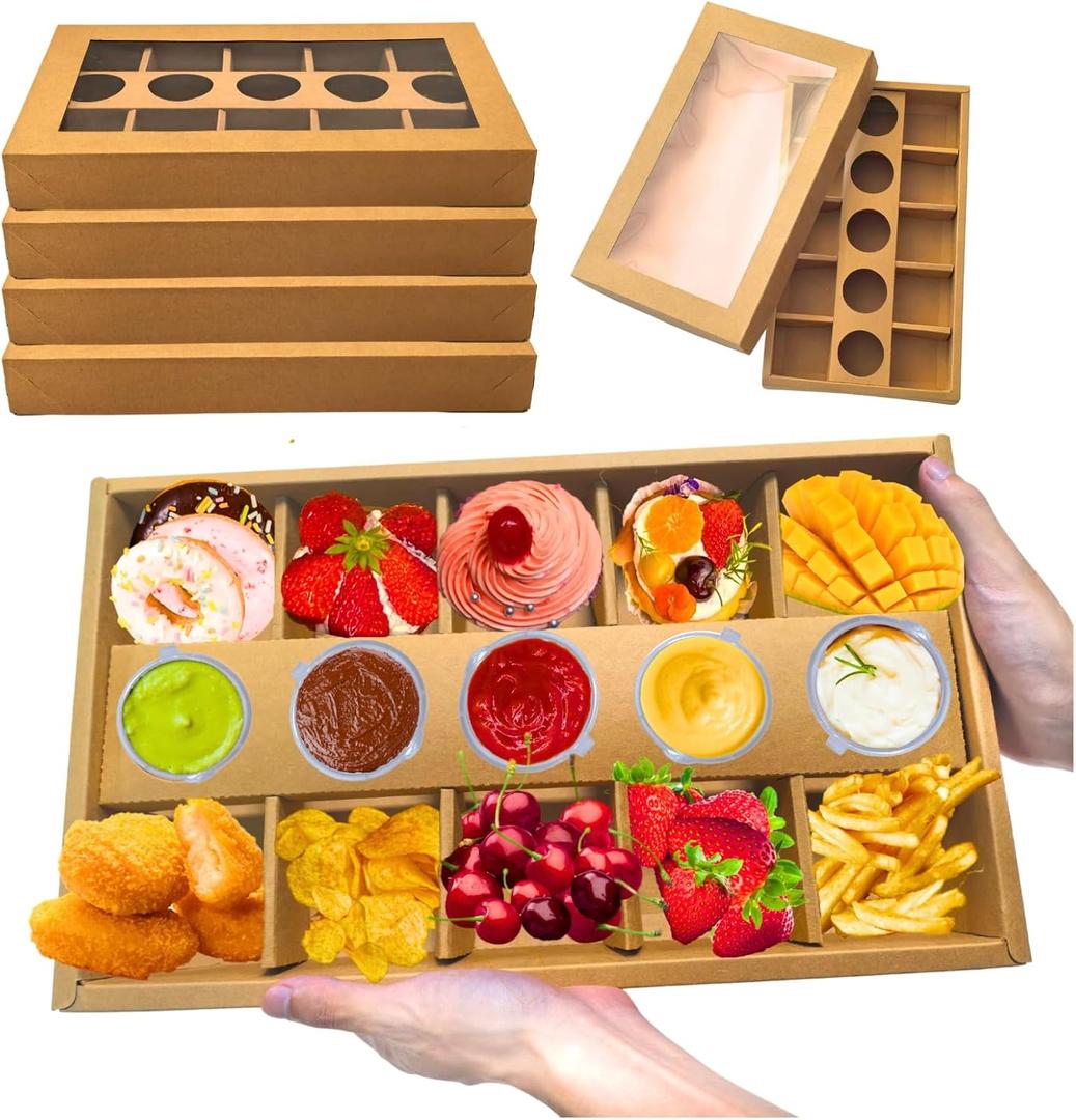 10pk 10-Grid Snack Bowls Heavy Duty, Kraft Paper Serving Window Tray Box, 15.5x9x2in Dessert Charcuterie Boxes, Oil-Proof Cookie Boxes With Window, For Outdoor Party Favor Boxes Takeout Container, (Brown)
