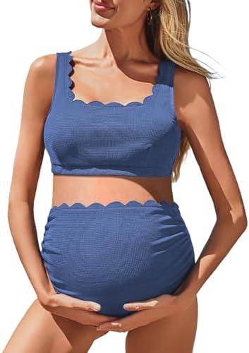 Summer Mae Scalloped Maternity Swimsuits for Women High Waist Bathing Suit Pregnancy Two-Piece Bikini Tie Knot Swimwear 12