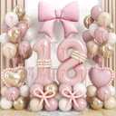 Dusty Pink Balloon Number 18 for 18th Birthday Decorations Girls, Retro Blush Pink Gold Cream Latex Balloons with Large Bow Heart Foil Balloons for Boho 18 Year Old Birthday Anniversary Party Decor