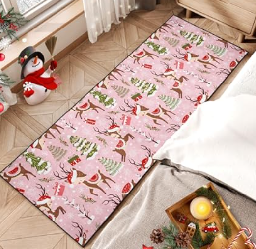 Britown Christmas Reindeer Runner Rug, 2'x 6' Snow Tree Pink Non Slip Area Rug Indoor Entry Floor Mat for Bathroom Kitchen Bedroom Decoration