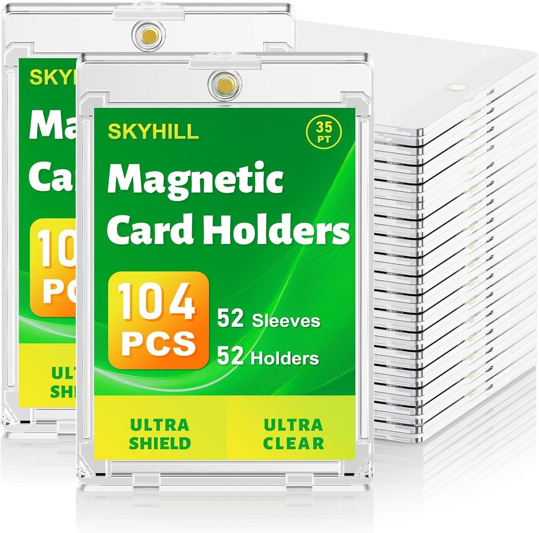 Skyhill 52ct Magnetic Card Holders, 35pt Slim One Touch Card Holder with Extra 52 Penny Card Sleeves, U-V Protection& Waterproof Hard Plastic Card Protectors for Trading Cards, Sports, Game Cards