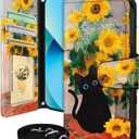 Buleens for iPhone 13 ProMax Wallet Case for Women - with Card Holder for iPhone 13 ProMax Flip Case Leather Crossbody Cute Aesthetic i Phone 13ProMax Case with Strap for Girls Girly, Cat Sunflower