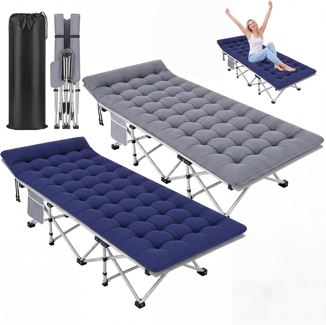 2 Pack Folding Camping Cot with Mattress for Adult, Navy Blue and Gray, 27.17 x 73.23 inches