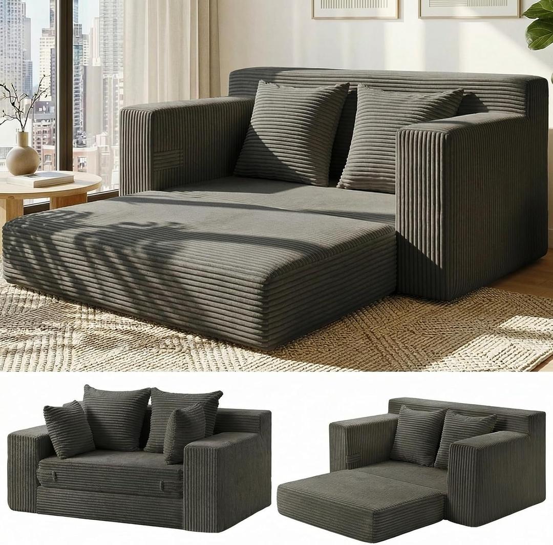 Convertible Sofa Bed, 5 in 1 Small Boneless Couch Pull Out Loveseat Sleeper Sofa,Corduroy Futon Couch Folding Mattress with 4 Pillows for Living Room (Gray, Loveseat) (Grey)