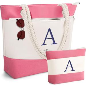 YOOLIFE Beach Bags for Women - Initial Canvas Tote Waterproof Bag with Makeup Bag Gifts for Women Mom Friend Birthday Her (Pink)