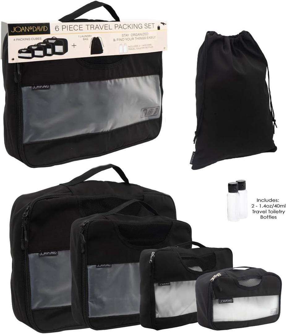 Joan & David 6 Pieces Travel Packing Cubes Set Luggage Organizers and Laundry Bag with TSA Approved Bottles (Black)