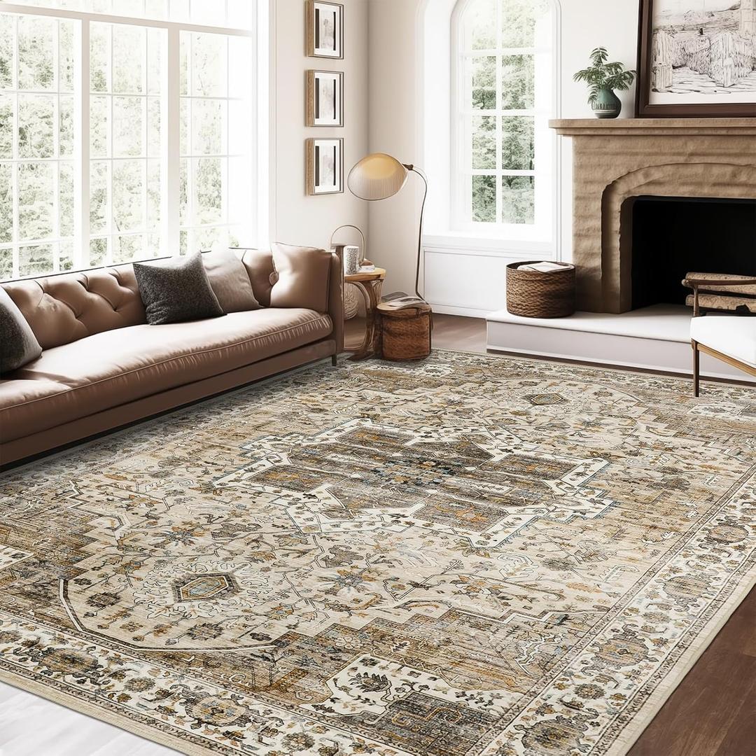 8x10 Area Rugs for Living Room, Vintage Washable Rug with Non-Slip Backing, Stain Resistant Large Area Rug for Dining Room, Soft Rugs for Bedroom (Beige/Brown, 8'x10')