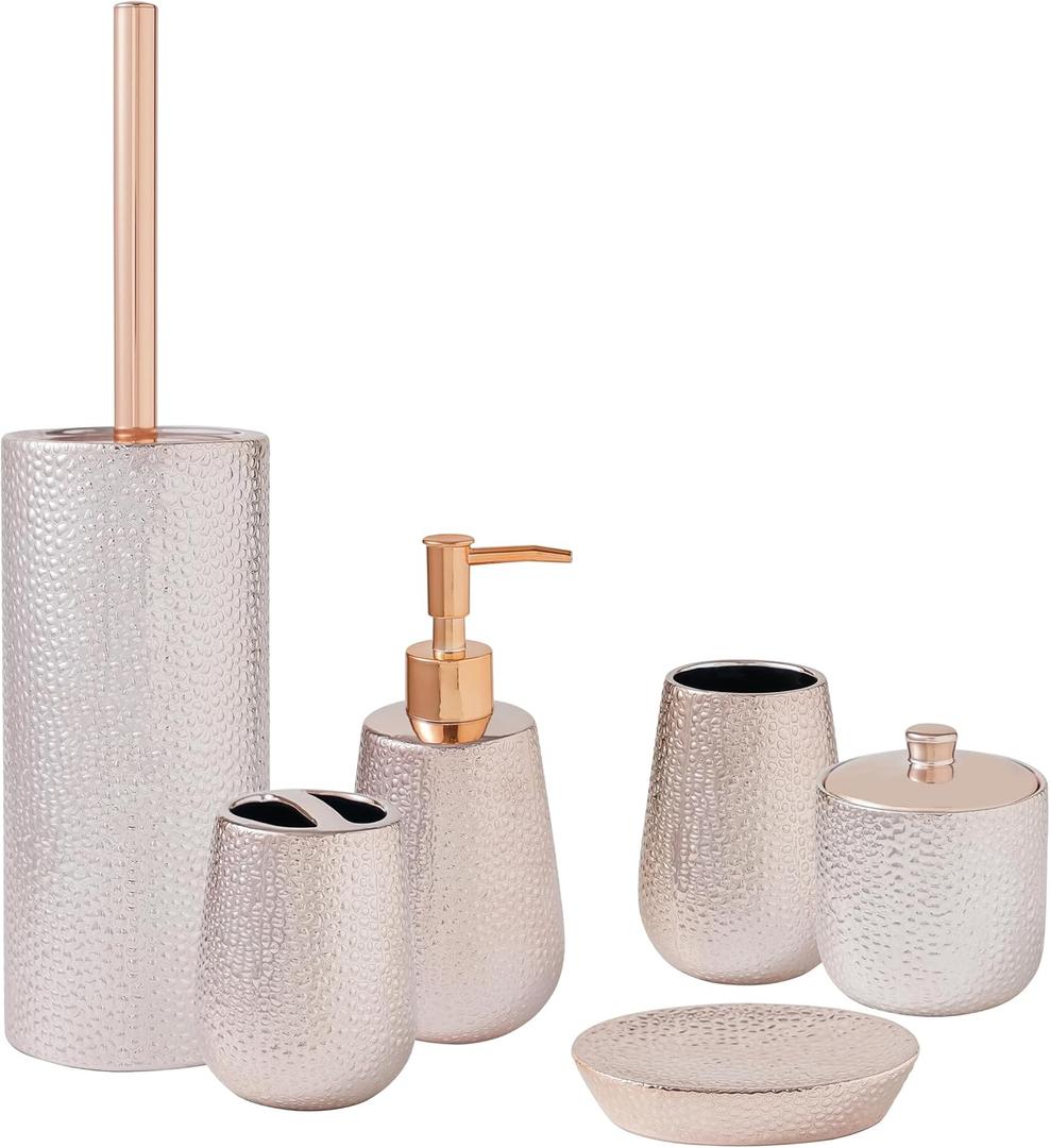 SURUI 6 pcs Bathroom Ceramic Bathroom accesories Complete Setwith Lotion Dispenser, Cotton Jar, Soap Dish, Tumbler Toothbrush Holder and Toilet Brush Set (Rose Gold)