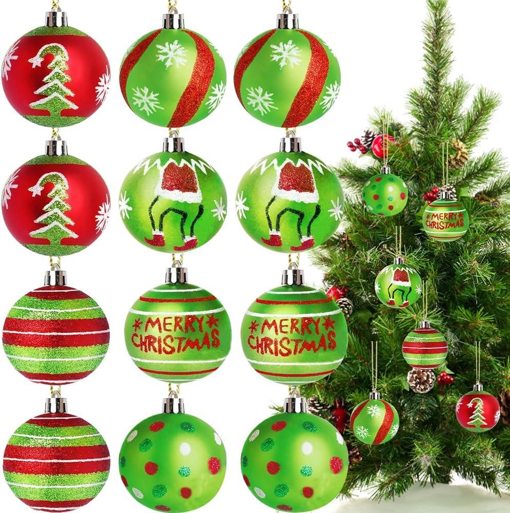 12Pcs Christmas Balls Tree Decorations, 2.4inch Plastic Shatterproof Glitter Hanging Ornaments for Christmas Tree Home Kitchen Office Indoor Xmas Tree Wall Window Fireplace Mantel Decor (Grey Pink White Red Brown)