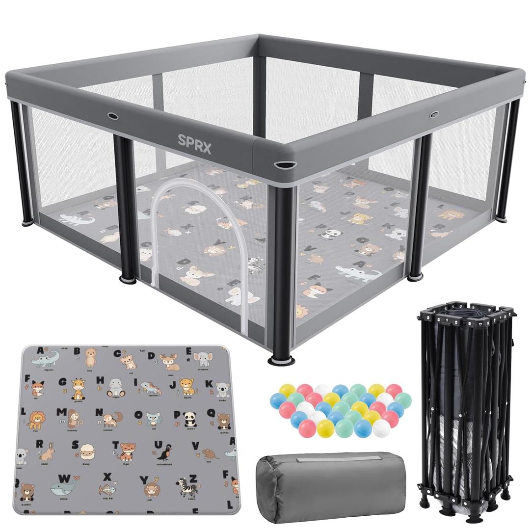 Foldable Baby Playpen with Mat,50"50" Collapsible Playard for Babies and Toddlers,Indoor&Outdoor Kids Safety Play Pen,Portable Travel Playpen with Travel Pack and 30 Ocean Balls (Grey)