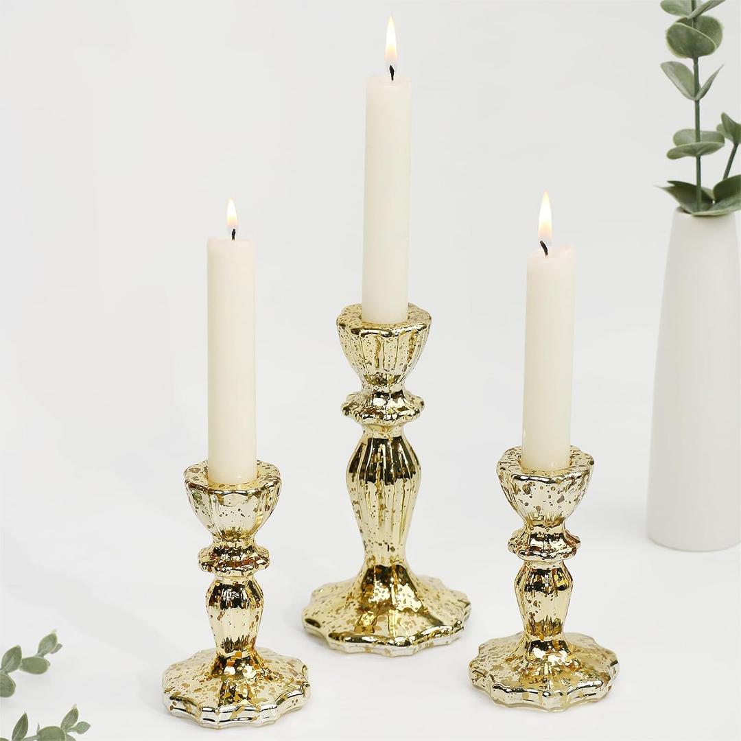 Candlestick Holders Set of 3, Gold Glass Mercury Candle Holders for Candlesticks, Table Centerpiece, Home Decor, Wedding, Birthday, Party, Christmas