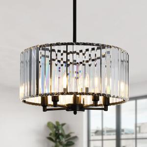 KELUOLY Farmhouse Drum Crystal Chandeliers, 5-Light Black Modern Round Ceiling Hanging Light Fixture, 17.7" Farmhouse Pendant Lighting for Bedroom Dining Room Kitchen Island Living Room Entryway Bar