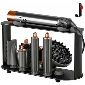 Lasvea Holder for Dyson Airwrap Attachments| 8 Holes Metal Storage Rack with Protective Silicone Pad | Countertop Organizer for Dyson Diffuser Accessories & Curling Iron with Self-Adhesive Hook, Black