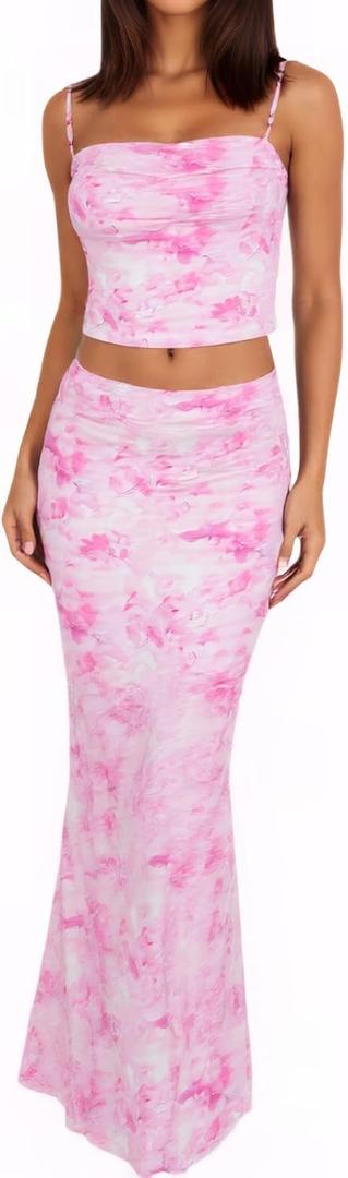 Women High Stretchy Adjustable Strap Backless Floral Two Piece Maxi Skirt Set Summer Outfits 2026 (Pink, S)
